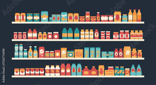 Colorful pantry shelves stocked with various food items ready for cooking, meal planning, and grocery shopping