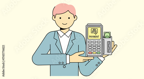 Man holding payment terminal and cash for transaction processing.