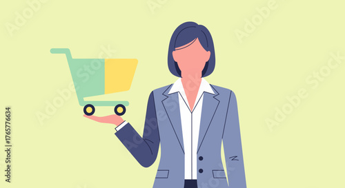 Businesswoman holding a shopping cart illustration.