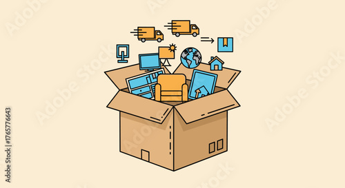 Moving house concept with packed belongings, furniture and delivery trucks, representing relocation and new beginnings