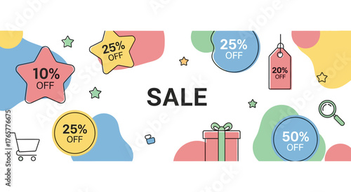 Vibrant Sale Banner with Discount Tags and Shopping Elements.
