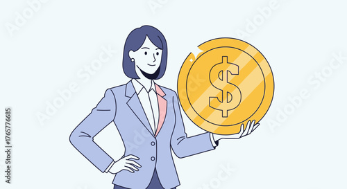 Confident Businesswoman Holding Large Golden Dollar Coin.