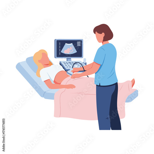 Flat 2D vector illustration of a female doctor performing an ultrasound on a pregnant woman lying on an examination table with a monitor displaying a baby's image.