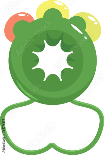 Green baby teether toy featuring colorful balls, designed to soothe gums and stimulate sensory development during teething