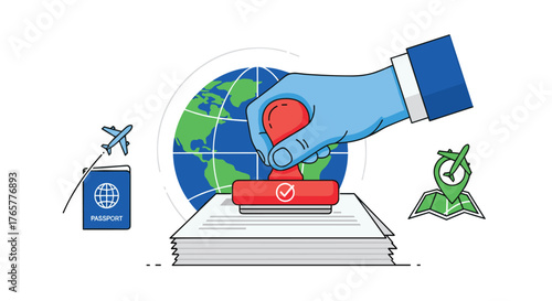 Passport stamp approval for international travel with globe, airplane, and destination map icons, ready for a global adventure