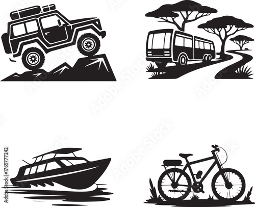 Four black silhouette vector graphics of vehicles and nature scenes black and white off road vehicle