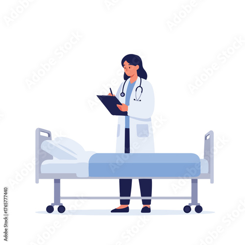 Flat 2D vector illustration of a female doctor standing beside a hospital bed, reviewing patient information on a clipboard with a stethoscope around her neck, against a clean white