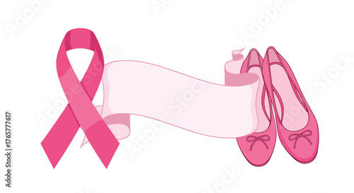 Pink ribbon and ballet flats with blank banner for breast cancer awareness, hope, support, and health campaigns