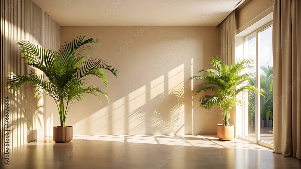 Fototapeta premium Bright empty room with sunlight and two palm trees in pots near the window