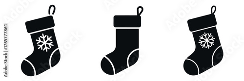 Christmas Stocking Silhouette Vector Set – Festive Holiday Socks with Snowflake Decoration, Classic Winter Ornament Illustration for Christmas Celebration, Gift Decoration, and Seasonal Art