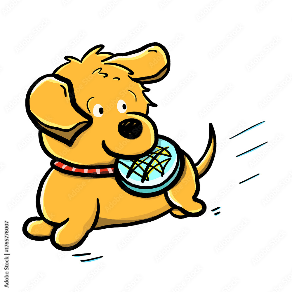Obraz premium Yellow dog catching frisbee running fast isolated cartoon illustration