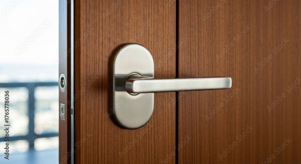 Obraz premium Wood door with metal handle, open slightly to city view