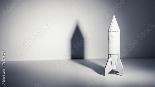 Minimalist white rocket model casting a shadow on a smooth surface with a simple background