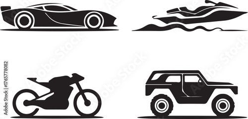 Four black vehicle icons sportscar jet ski motorcycle off road jeep vector
