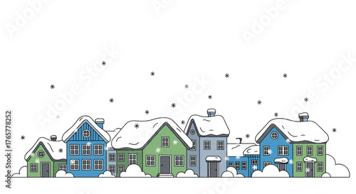 Charming snow-covered village houses create a cozy winter wonderland scene with falling snowflakes, perfect for festive holiday designs