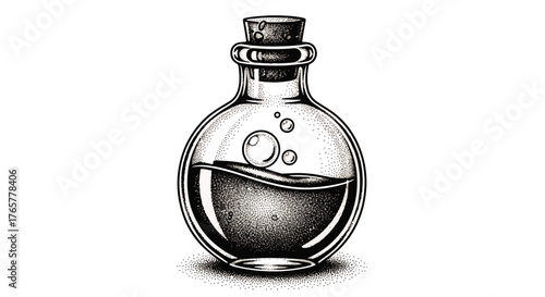 Vintage Glass Potion Bottle with Cork Stopper and Bubbles, Hand Drawn Stippling Art Style, Isolated on White