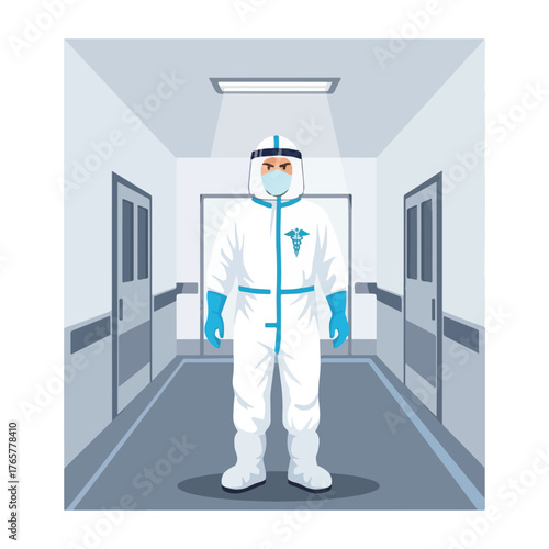 Flat 2D vector illustration of a person wearing a white hazmat suit with blue accents standing in a hospital hallway with doors.