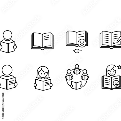 Reading and education icons, outline symbols for learning, books, students, and collaborative study