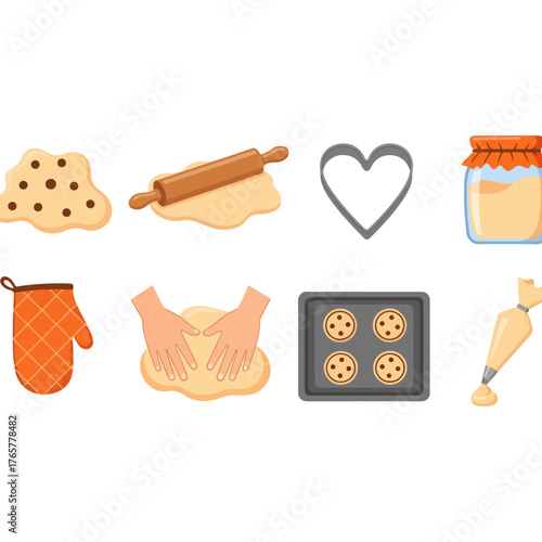 Set of baking and cooking elements with various kitchen tools, ingredients, and sweet treats