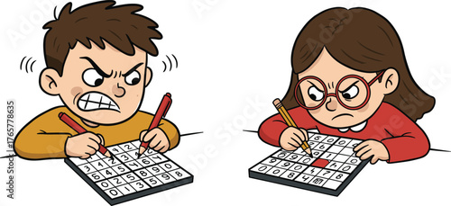 Sudoku, puzzle, competition, kids, cartoon, frustration, brain game, challenge, thinking, table, angry, concentration, logic, school, activity, expression, childhood, intense, pencil, grid
