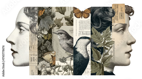Artistic Vintage Collage Portrait with Nature Themes and Elegant Aesthetic