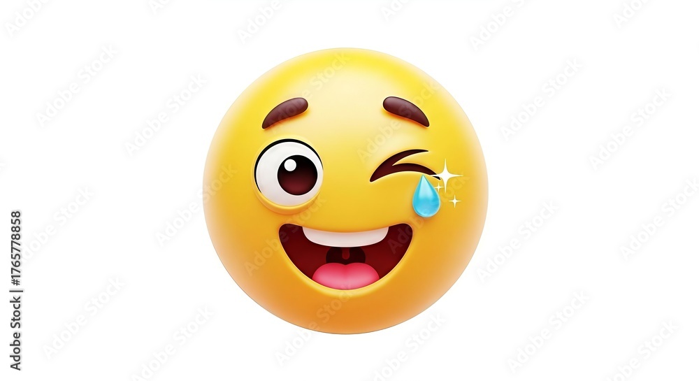 Fototapeta premium Expressive laughing emoji with winking eye and single tear, showcasing digital communication