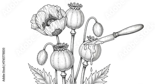 Monochrome poppy drawing with knife incision for opium extraction in graphic arts design