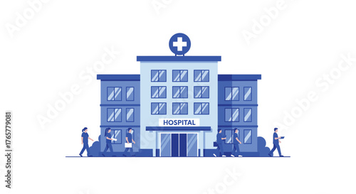 Modern hospital building with medical staff walking, ideal for healthcare, clinic, and medical-related projects