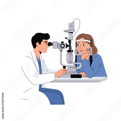 Flat 2D vector illustration of an optometrist examining a patient's vision with an ophthalmic testing device in a clinical setting.