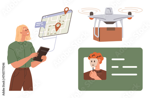 Woman holding tablet, viewing digital delivery tracking map with pinpoints. quadcopter carrying package, identification card visual. Ideal for logistics, delivery, technology, identity verification
