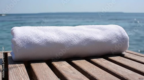 Relaxing white towel rolled on a wooden table by the serene beach, with calm waves in the background
