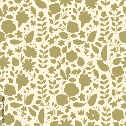 Seamless floral pattern with olive green flower and leaf silhouettes on a cream background.