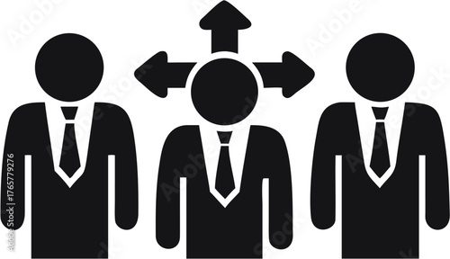Three figures in suits with arrows pointing in different directions symbolizing choices or leadership paths | editable eps vectors silhouette