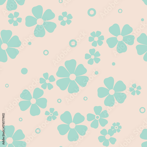 Seamless pattern of light blue abstract flowers and circles on a soft peach background, creating a delicate and whimsical floral design