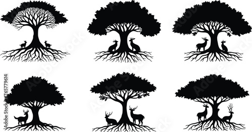 Tree silhouette, deer illustration, forest roots, wildlife vector, nature art, black graphic, woodland scene, animal design, rustic landscape, minimal style