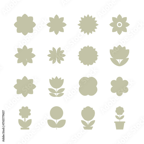 다양한 스타일의 단순하고 양식화된 꽃과 식물 아이콘 모음.