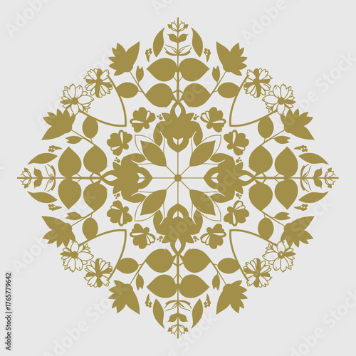 황금색 식물 패턴의 상세한 묘사, 꽃과 잎의 섬세한 디자인, 대칭적인 아름다움, 자연에서 영감을 받은 예술 작품.