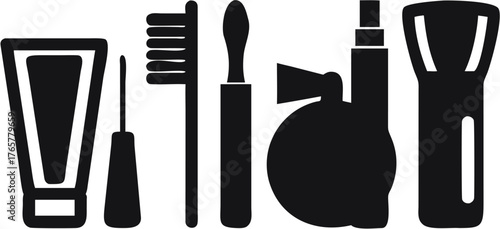 Illustration of toiletries including toothpaste toothbrush applicator perfume and lotion bottle items | editable eps vectors silhouette