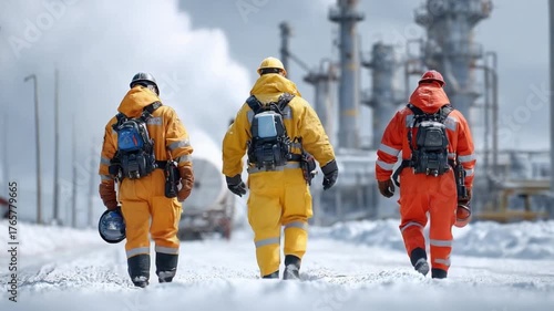 Wallpaper Mural Trio on the Industrial Landscape: Three figures, clad in vibrant protective gear, traverse a snow-covered industrial landscape, likely engaging in crucial tasks amidst an active industrial setting. Torontodigital.ca