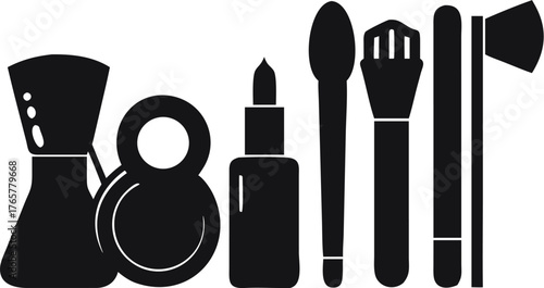 Illustration of various beauty and grooming items including brushes and a makeup container set up | editable eps vectors silhouette