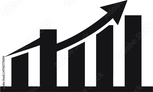Black and white graph with an arrow pointing upwards indicating growth and positive trend in the market | editable eps vectors silhouette