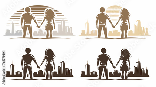 Couple holds hands looking at cityscape with modern buildings and sun setting creating a hopeful and romantic future for urban living and relationships.