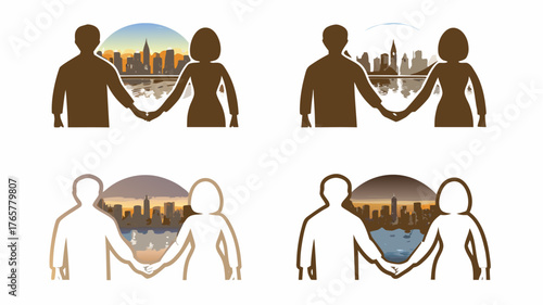 Couple holding hands with city skyline vista evokes romance, travel, and shared dreams of urban adventures together
