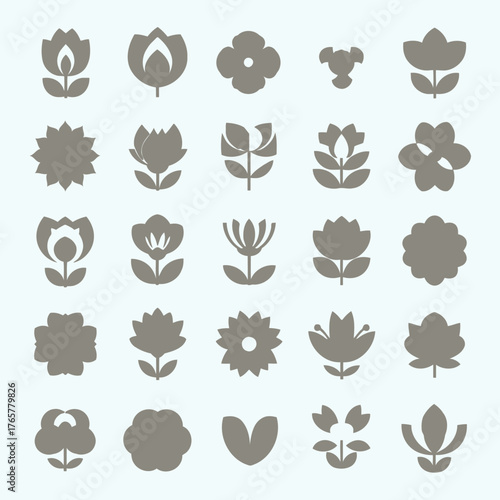 다양한 스타일의 꽃 모양 아이콘 모음.