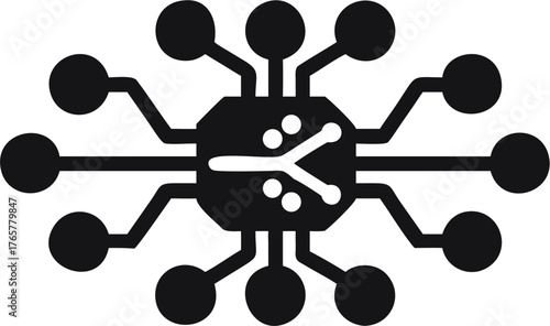 Illustration of a black circuit board with multiple connections and a central processing unit design | editable eps vectors silhouette