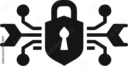 Black security padlock with keyhole and circuit board design representing digital safety and security | editable eps vectors silhouette