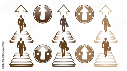 Dynamic business professionals climbing career ladders toward success and growth, symbolizing ambition and achievement