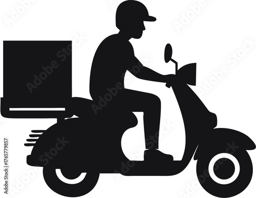 Silhouette of delivery person with helmet riding scooter carrying package on back for transportation service | editable eps vectors