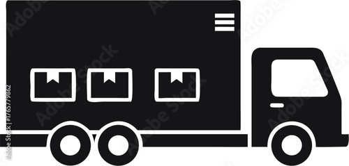 Black and white delivery truck with three boxes on the side and three lines on the top right corner | editable eps vectors silhouette