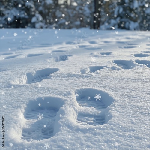 Fresh Footprints in a Snowy Landscape with Gentle Snowflakes Falling and a Serene Winter Background